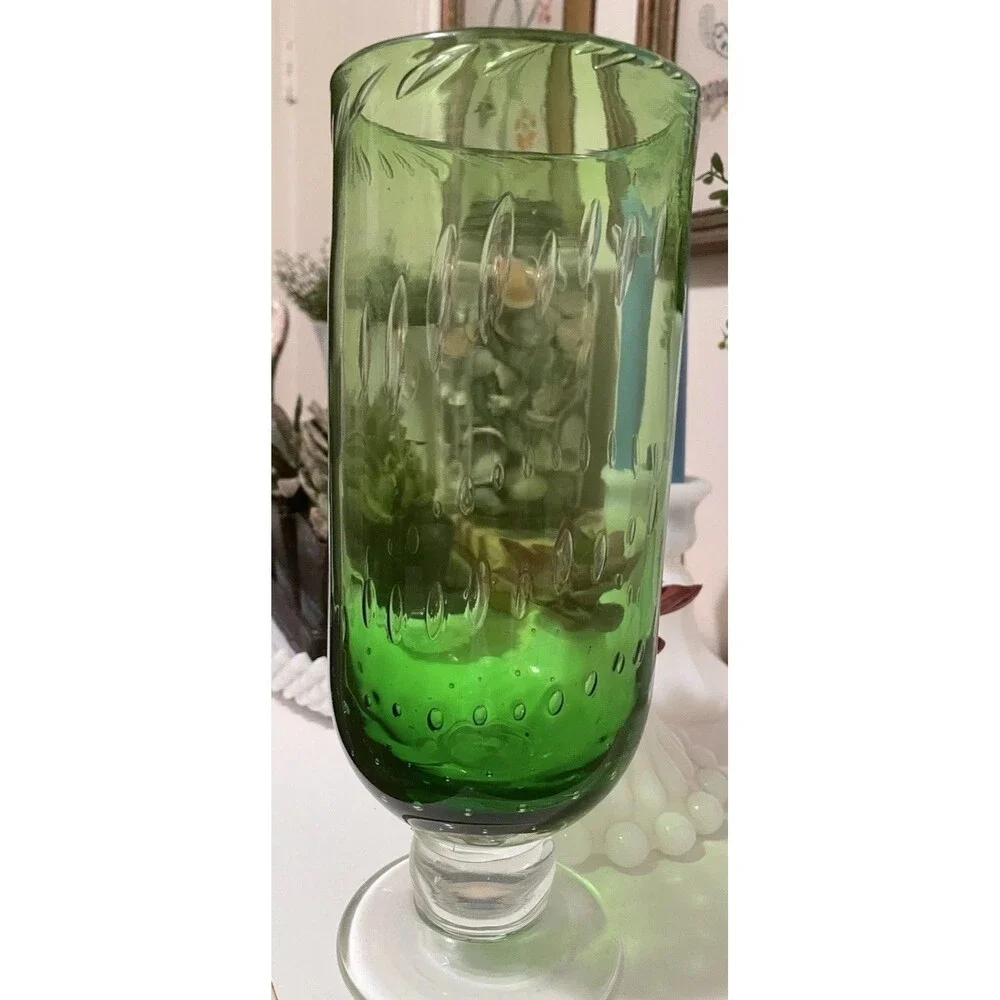 70’s Art Deco Hand Blown Controlled Bubble Apple Green & Clear Base Glass Vase